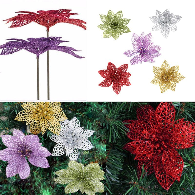 10Pcs 6 Glitter Hollow Wedding Party Christmas Flowers Xmas Tree Decorations